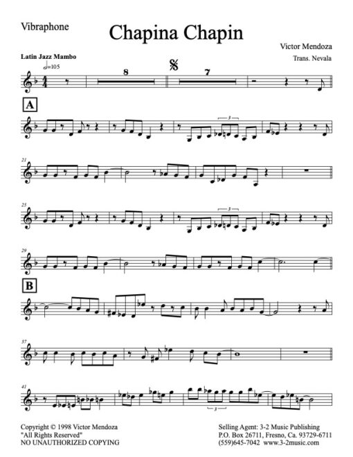 Chapina Chapin vibraphone (Download) Latin jazz combo sheet music www.3-2music.com composer and arranger Victor Mendoza combo (septet) instrumentation