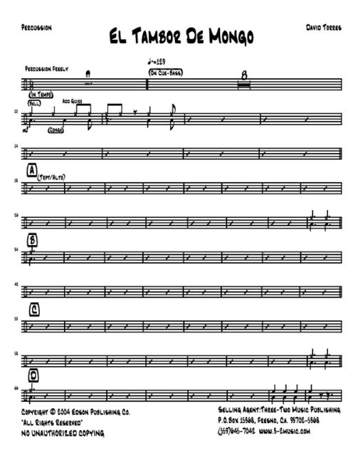 El Tambor De Mongo percussion (Download) Latin jazz printed sheet music www.3-2music.com composer and arranger David Torres combo (octet) instrumentation