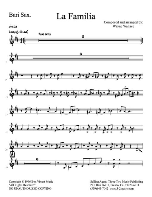 La Familia bari (Download) Latin Jazz printed sheet music www.3-2music.com composer and arranger Wayne Wallace alto tenor bari trumpet 1-2 trombone rhythm