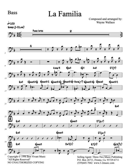 La Familia V.2 bass (Download) Latin Jazz printed sheet music www.3-2music.com composer and arranger Wayne Wallace alto tenor bari trumpet 1-2
