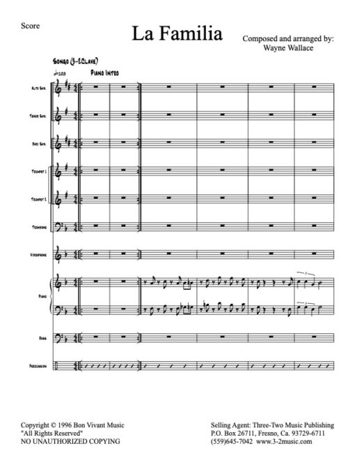 La Familia V.2 score (Download) Latin Jazz printed sheet music www.3-2music.com composer and arranger Wayne Wallace alto tenor bari trumpet 1-2