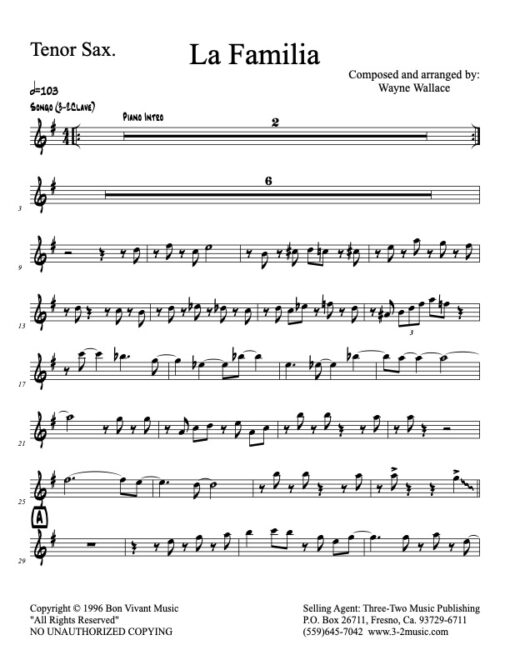 La Familia tenor (Download) Latin Jazz printed sheet music www.3-2music.com composer and arranger Wayne Wallace alto tenor bari trumpet 1-2 trombone rhythm