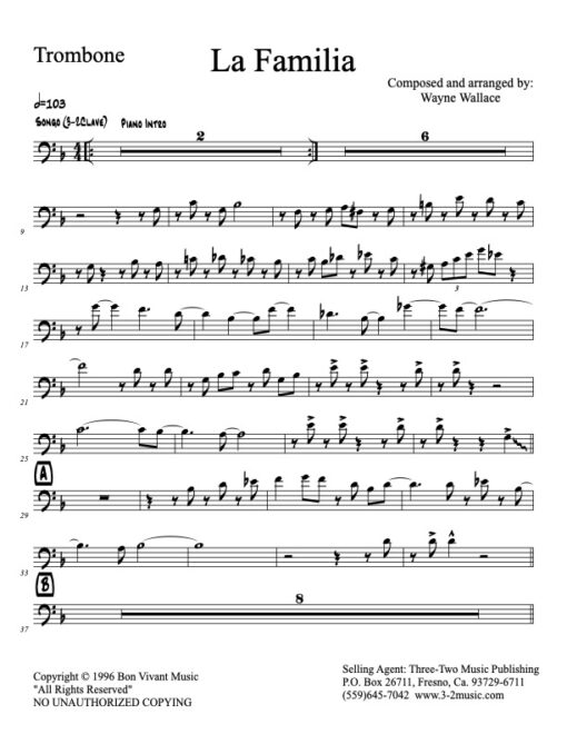 La Familia trombone (Download) Latin Jazz printed sheet music www.3-2music.com composer and arranger Wayne Wallace alto tenor bari trumpet 1-2