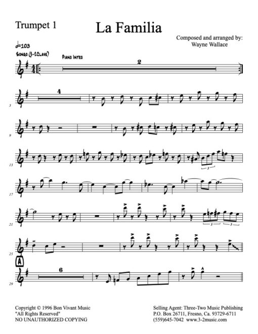 La Familia V.2 trumpet 1 (Download) Latin Jazz printed sheet music www.3-2music.com composer and arranger Wayne Wallace alto tenor bari trumpet 1-2