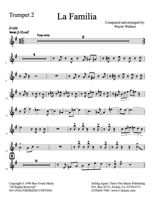 La Familia V.2 trumpet 2 (Download) Latin Jazz printed sheet music www.3-2music.com composer and arranger Wayne Wallace alto tenor bari trumpet 1-2
