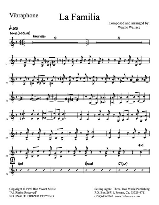 La Familia V.2 vibraphone (Download) Latin Jazz printed sheet music www.3-2music.com composer and arranger Wayne Wallace alto tenor bari trumpet 1-2