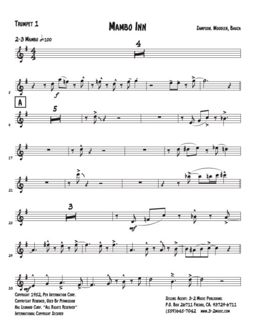 Mambo Inn trumpet 1 (Download) Latin jazz printed sheet music www.3-2music.com composer composer Mario Bauzá little big band instrumentation
