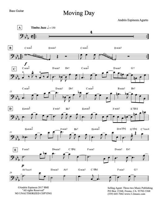 Moving Day bass (Download) Latin jazz printed big band sheet music www.3-2music.com composer and arranger Andres Espinosa Argurto combo (octet)