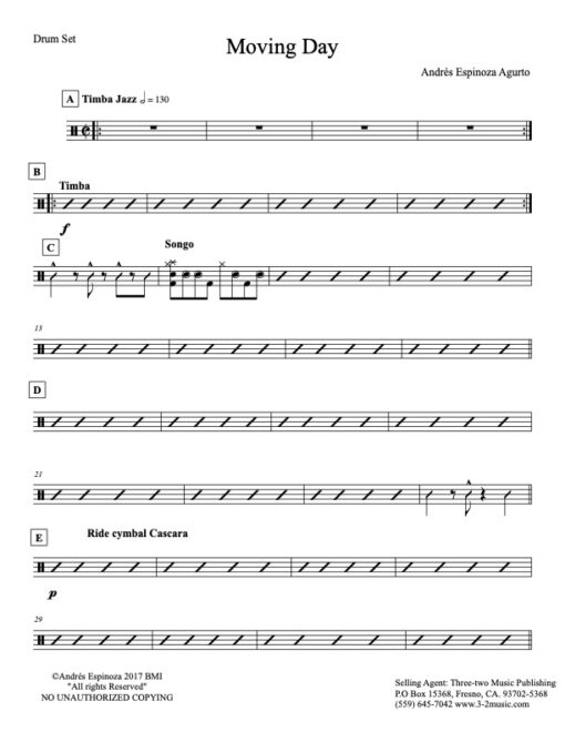 Moving Day drums (Download) Latin jazz printed big band sheet music www.3-2music.com composer and arranger Andres Espinosa Argurto combo (octet)