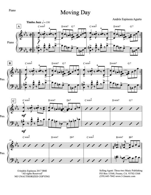 Moving Day piano (Download) Latin jazz printed big band sheet music www.3-2music.com composer and arranger Andres Espinosa Argurto combo (octet)