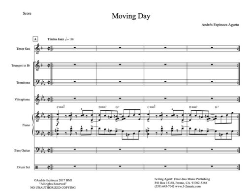 Moving Day score (Download) Latin jazz printed big band sheet music www.3-2music.com composer and arranger Andres Espinosa Argurto combo (octet)