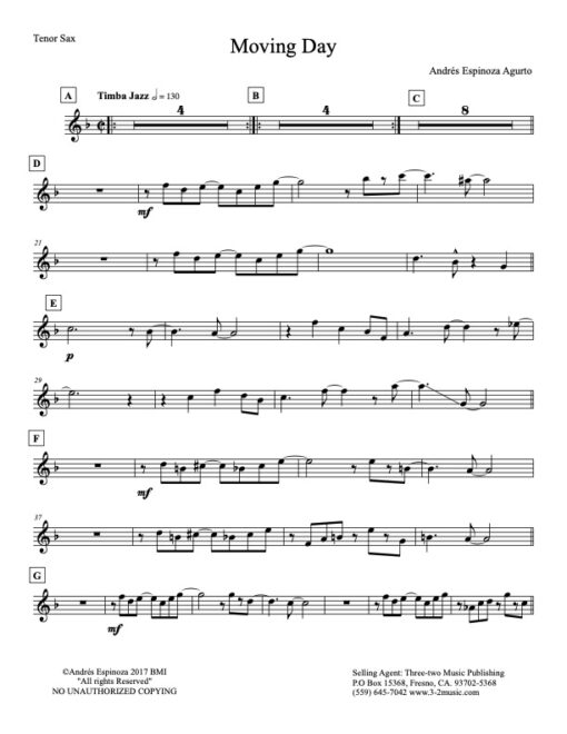 Moving Day tenor (Download) Latin jazz printed big band sheet music www.3-2music.com composer and arranger Andres Espinosa Argurto combo (octet)