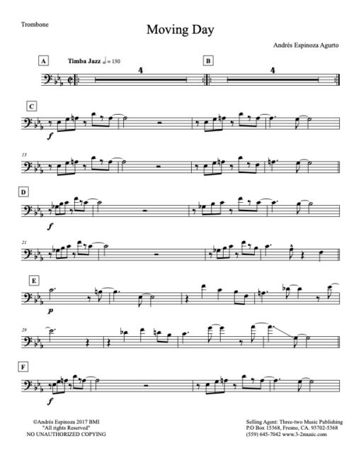 Moving Day trombone (Download) Latin jazz printed big band sheet music www.3-2music.com composer and arranger Andres Espinosa Argurto combo (octet)