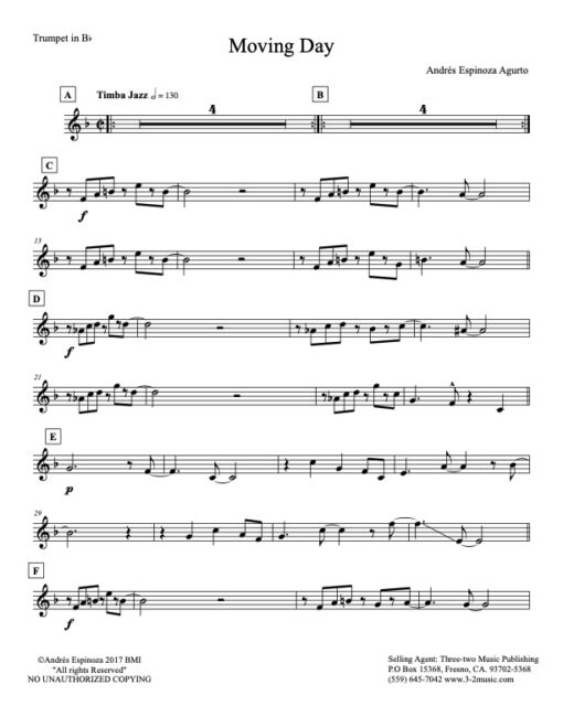 Moving Day trumpet (Download) Latin jazz printed big band sheet music www.3-2music.com composer and arranger Andres Espinosa Argurto combo (octet)