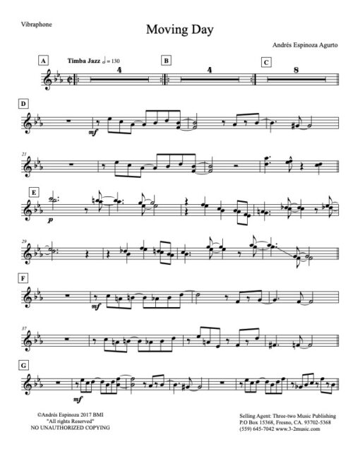 Moving Day vibraphone (Download) Latin jazz printed big band sheet music www.3-2music.com composer and arranger Andres Espinosa Argurto combo (octet)