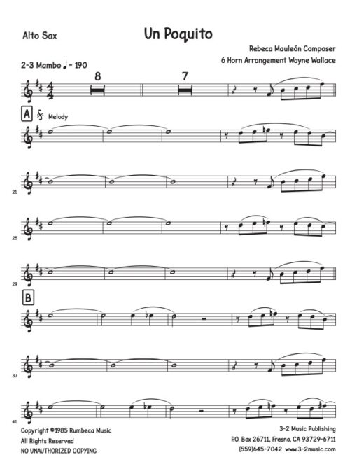 Un Poquito alto (Download) Latin jazz printed sheet music www.3-2music.com composer and arranger Rebecca Mauleon little big band