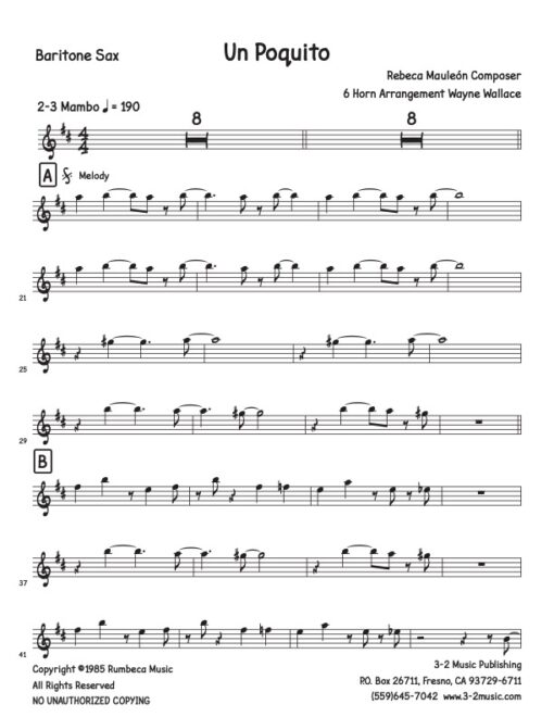 Un Poquito baritone (Download) Latin jazz printed sheet music www.3-2music.com composer and arranger Rebecca Mauleon little big band
