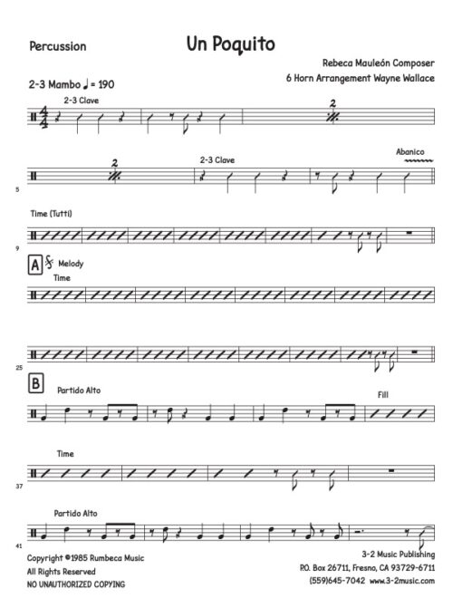 Un Poquito percussion (Download) Latin jazz printed sheet music www.3-2music.com composer and arranger Rebecca Mauleon little big band