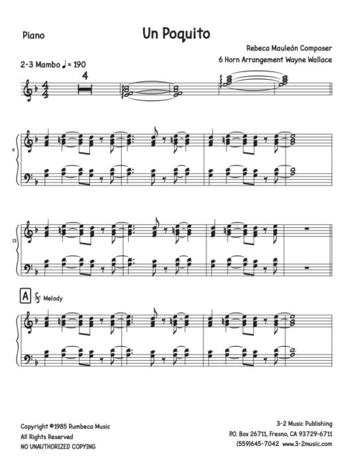 Un Poquito piano (Download) Latin jazz printed sheet music www.3-2music.com composer and arranger Rebecca Mauleon little big band