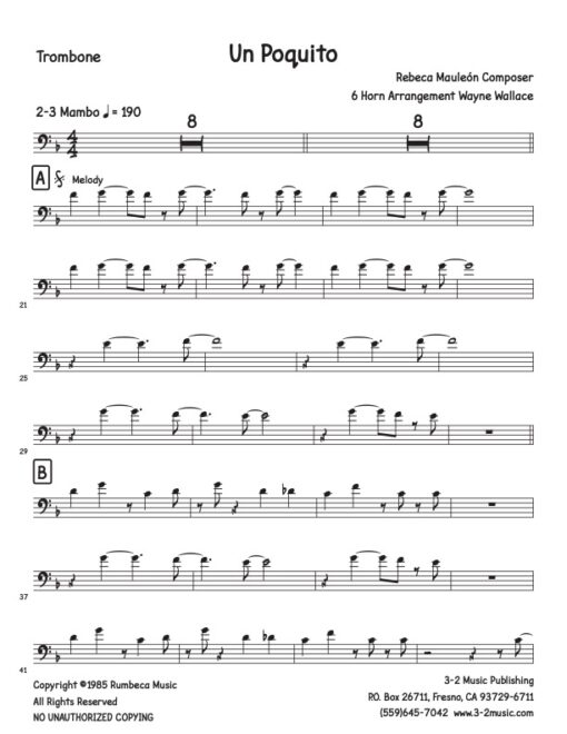 Un Poquito trombone (Download) Latin jazz printed sheet music www.3-2music.com composer and arranger Rebecca Mauleon little big band