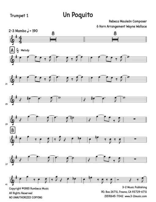Un Poquito trumpet 1 (Download) Latin jazz printed sheet music www.3-2music.com composer and arranger Rebecca Mauleon little big band
