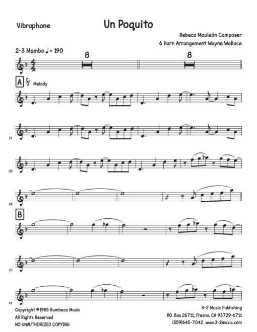 Un Poquito vibraphone (Download) Latin jazz printed sheet music www.3-2music.com composer and arranger Rebecca Mauleon little big band