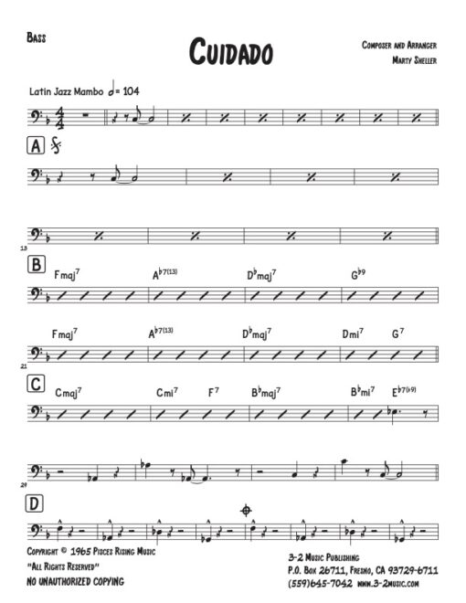 Cuidado bass (Download) Latin jazz printed combo sheet music www.3-2music.com composer and arranger Marty Sheller combo (septet) instrumentation
