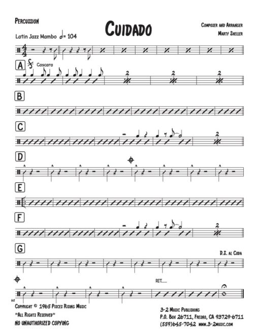 Cuidado percussion (Download) Latin jazz printed combo sheet music www.3-2music.com composer and arranger Marty Sheller combo (septet) instrumentation