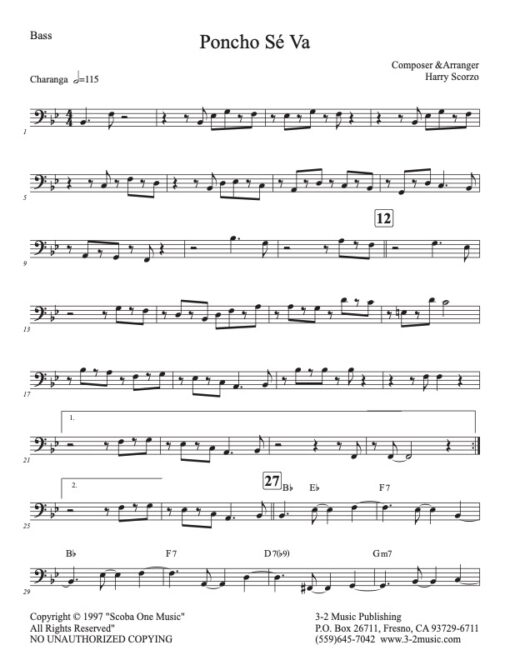 Poncho Sé Va bass (Download) Latin jazz printed sheet music www.3-2music.com composer Harry Scorzo combo (sextet) instrumentation