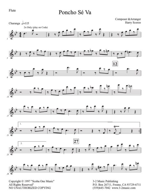 Poncho Sé Va flute (Download) Latin jazz printed sheet music www.3-2music.com composer Harry Scorzo combo (sextet) instrumentation