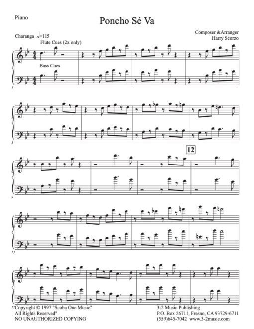 Poncho Sé Va piano (Download) Latin jazz printed sheet music www.3-2music.com composer Harry Scorzo combo (sextet) instrumentation