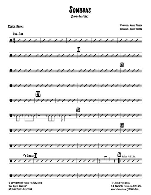 Sombras congas (Download) Latin jazz printed sheet music www.3-2music.com composer and arranger Manny Cepeda combo (octet) instrumentation