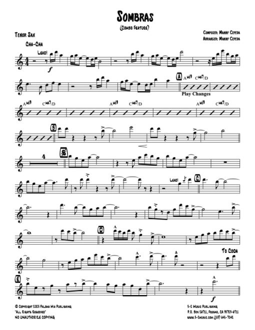 Sombras tenor (Download) Latin jazz printed sheet music www.3-2music.com composer and arranger Manny Cepeda combo (octet) instrumentation