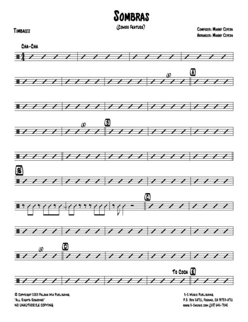 Sombras timbales (Download) Latin jazz printed sheet music www.3-2music.com composer and arranger Manny Cepeda combo (octet) instrumentation