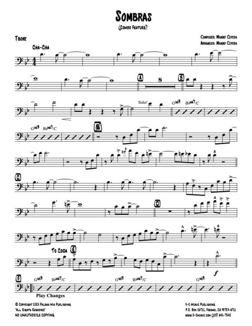 Sombras trombone (Download) Latin jazz printed sheet music www.3-2music.com composer and arranger Manny Cepeda combo (octet) instrumentation