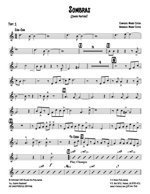 Sombras trumpet 1 (Download) Latin jazz printed sheet music www.3-2music.com composer and arranger Manny Cepeda combo (octet) instrumentation