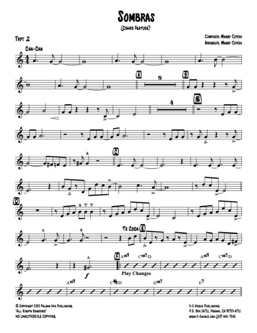 Sombras trumpet 2 (Download) Latin jazz printed sheet music www.3-2music.com composer and arranger Manny Cepeda combo (octet) instrumentation