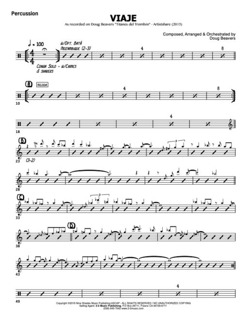 Viaje V.1 percussion (Download) Latin jazz printed sheet music www.3-2music.com composer and arranger Doug Beavers combo (octet) instrumentation