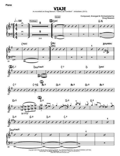 Viaje V.1 piano (Download) Latin jazz printed sheet music www.3-2music.com composer and arranger Doug Beavers combo (octet) instrumentation
