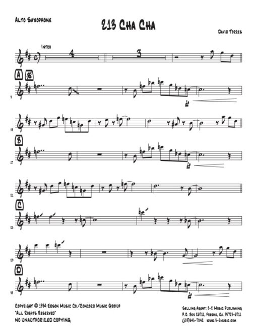 213 Cha Cha alto (Download) Latin jazz printed sheet music www.3-2music.com composer and arranger David Torres combo (septet) instrumentation
