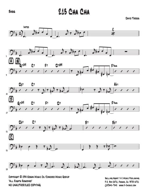 213 Cha Cha bass (Download) Latin jazz printed sheet music www.3-2music.com composer and arranger David Torres combo (septet) instrumentation