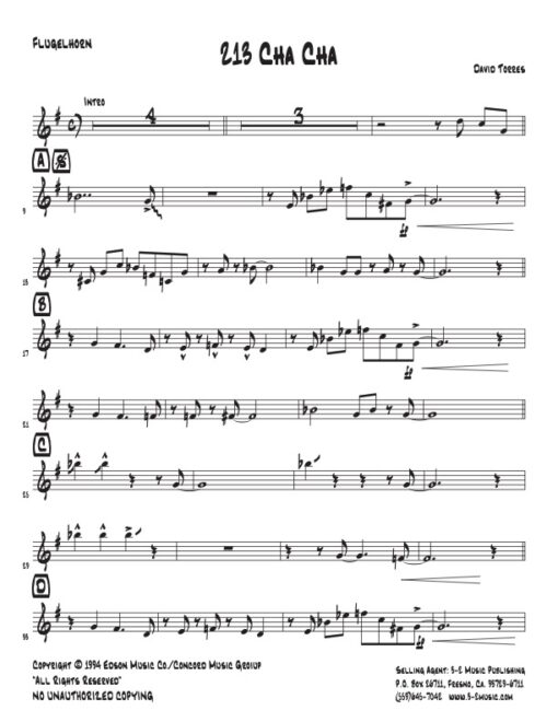 213 Cha Cha flugelhorn (Download) Latin jazz printed sheet music www.3-2music.com composer and arranger David Torres combo (septet) instrumentation