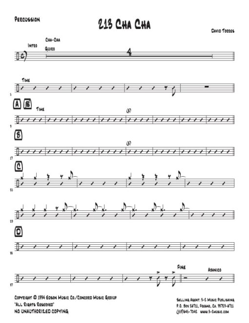 213 Cha Cha percussion (Download) Latin jazz printed sheet music www.3-2music.com composer and arranger David Torres combo (septet) instrumentation