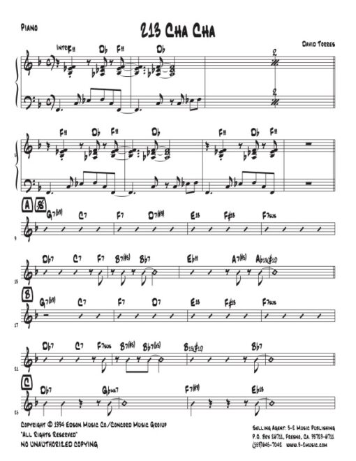 213 Cha Cha piano (Download) Latin jazz printed sheet music www.3-2music.com composer and arranger David Torres combo (septet) instrumentation