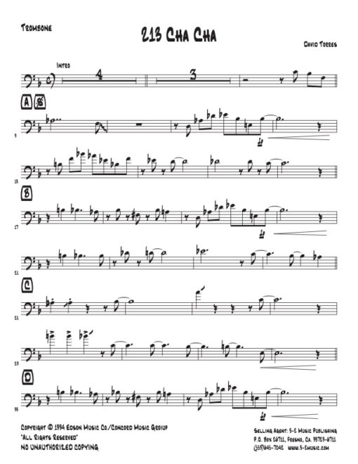 213 Cha Cha trombone (Download) Latin jazz printed sheet music www.3-2music.com composer and arranger David Torres combo (septet) instrumentation