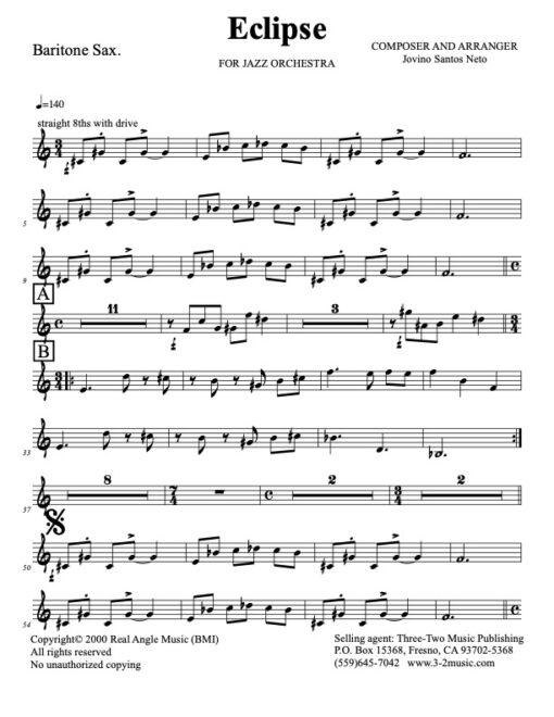 Eclipse bari (Download) Latin jazz printed sheet music www.3-2music.com composer and arranger Jovino Santos Neto big band 4-4-5 instrumentation