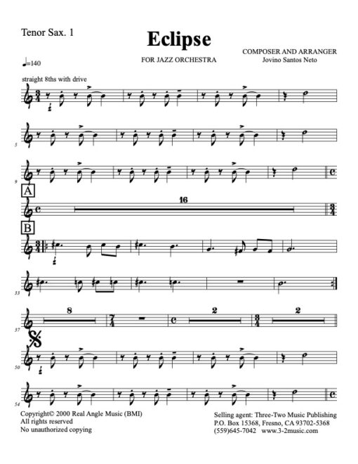 Eclipse tenor 1 (Download) Latin jazz printed sheet music www.3-2music.com composer and arranger Jovino Santos Neto big band 4-4-5 instrumentation