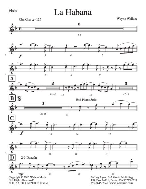 La Habana flute (Download) Latin jazz printed combo sheet music www.3-2music.com composer and arranger Wayne Wallace combo (nonet) instrumentation
