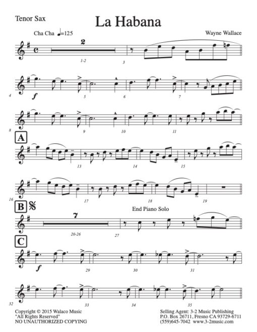 La Habana tenor (Download) Latin jazz printed combo sheet music www.3-2music.com composer and arranger Wayne Wallace combo (nonet) instrumentation