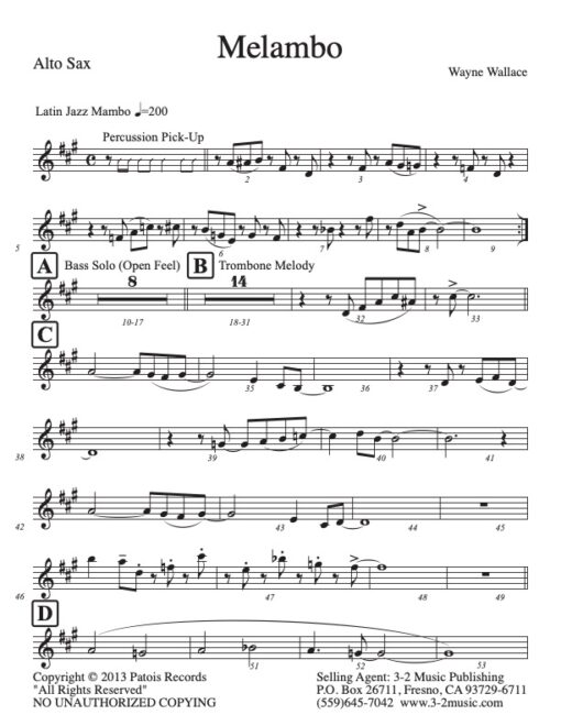 Melambo alto (Download) Latin jazz printed sheet music www.3-2music.com composer and arranger Wayne Wallace combo (decet) instrumentation